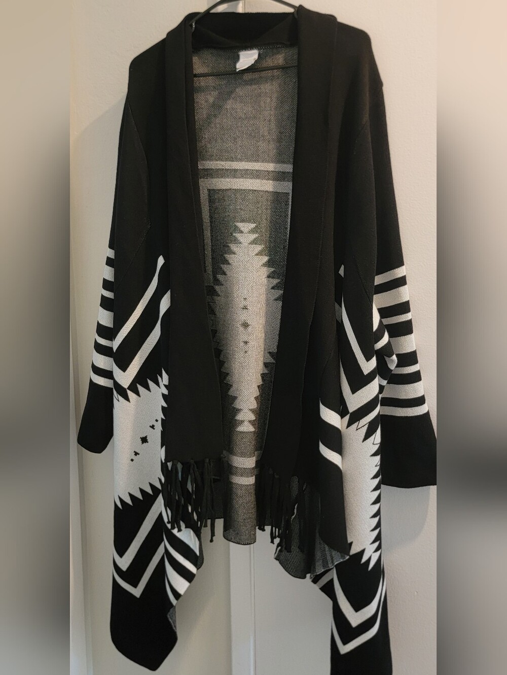 Black & White Fringed Open Front Aztec Cardigan 2X